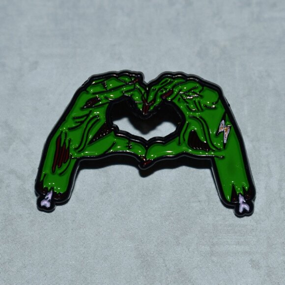 Jewelry - Creepy Green Zombie Heart Hands Goth Horror Lapel Enamel Pin